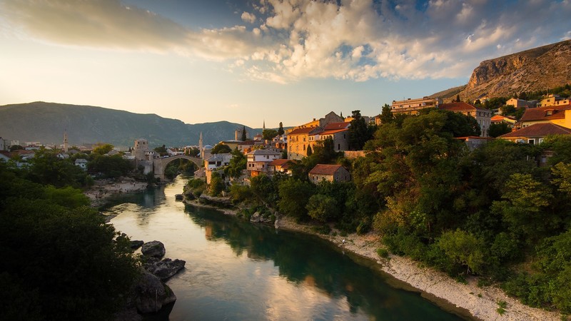 reflection, clouds, sky, river, bridge, rocks, mountains, Neretva River, Bosnia and Herzegovina, building