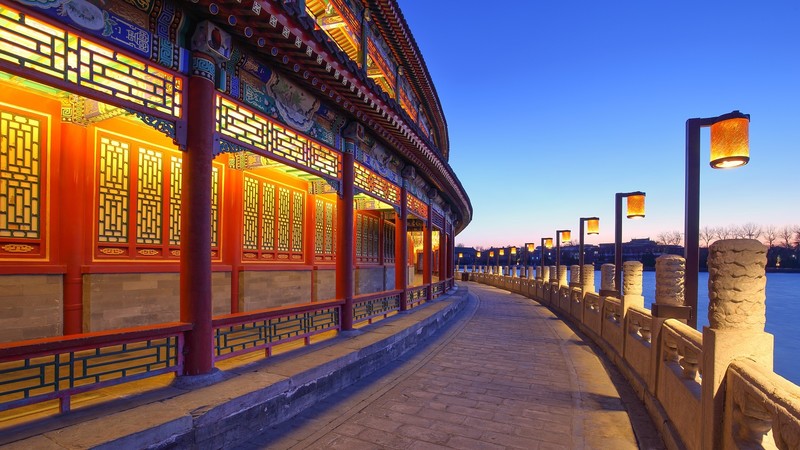 Asian architecture, China, Beijing, Beihai Park, architecture, lights, path, sky, Traditional Artwork