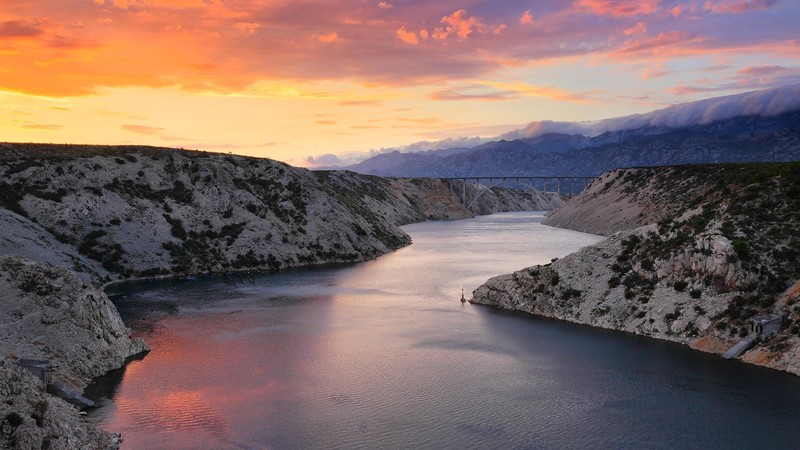 horizon, clouds, river, bridge, mountains, Croatia, plants, sunset