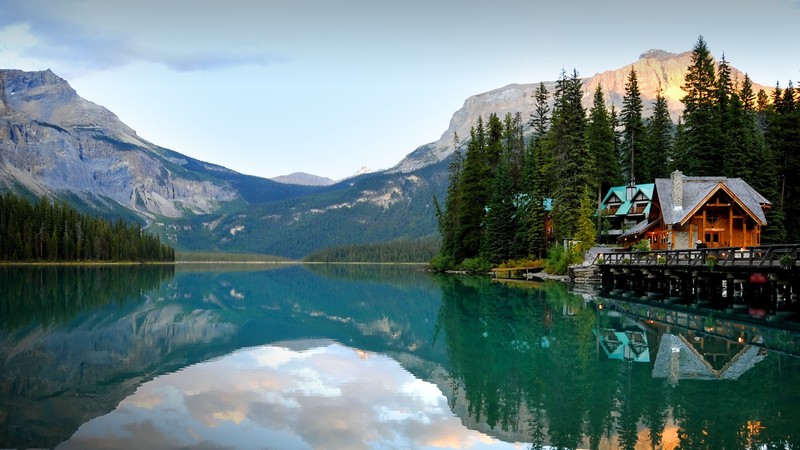 reflection, landscape, nature, lake, house, trees, mountains, sky, Canada, British Columbia, Yoho National Park, Emerald Lake British Columbia