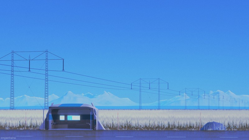Robin Engström, clear sky, mountains, bus stop, road, watermarked