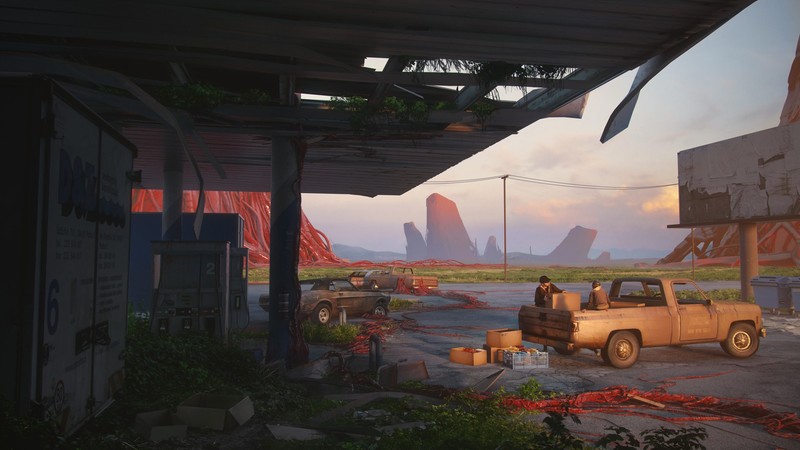 apocalyptic, Gas station, pickup trucks, Michael Topol, overgrown