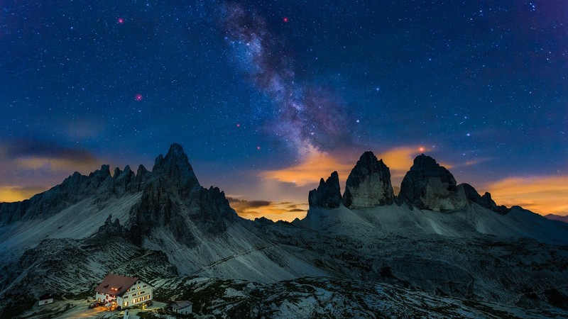 Milky Way, stars, Italy, mountains, snow, house, dolomite alps