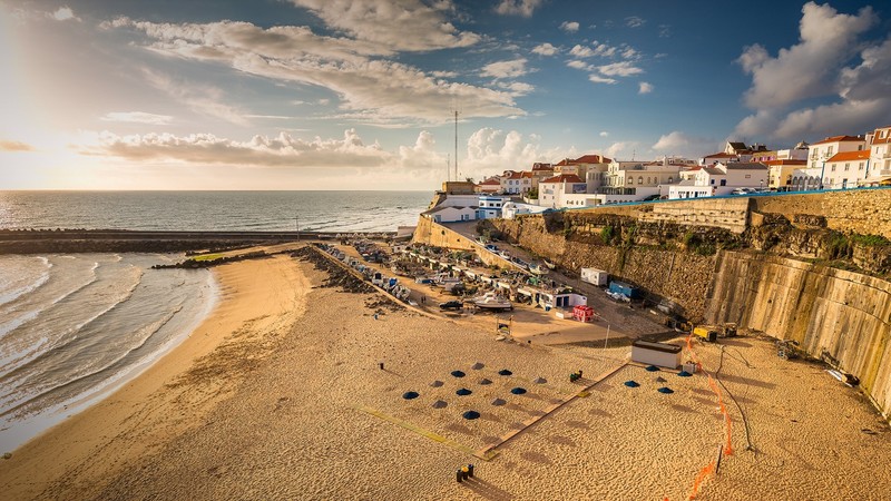 landscape, town, clouds, sea, horizon, house, tent, waves, sand, rocks, Portugal, boat