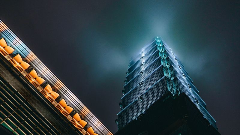 skyscraper, architecture, bottom view, backlight, night, night city, 4k
