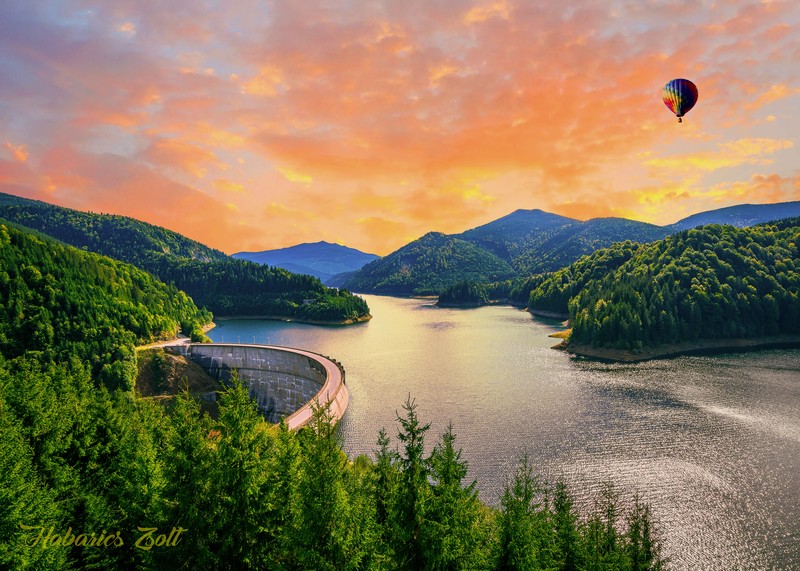 Romania, landscape, sky, hot air balloons, water, dam