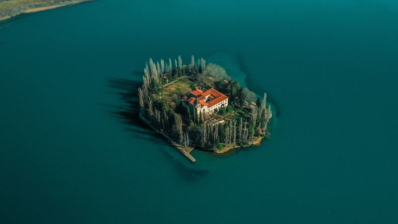 lake, island, aerial view, trees, house, 4k