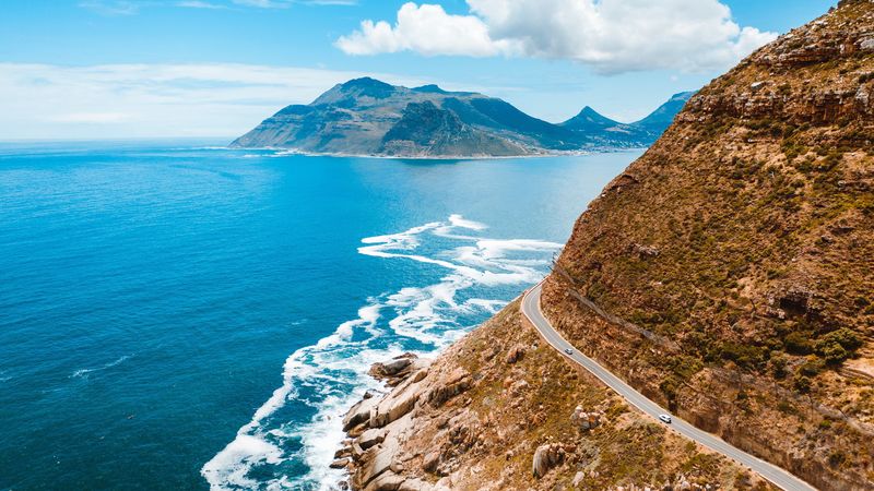 ocean, mountain, road, turn, sky, 4k