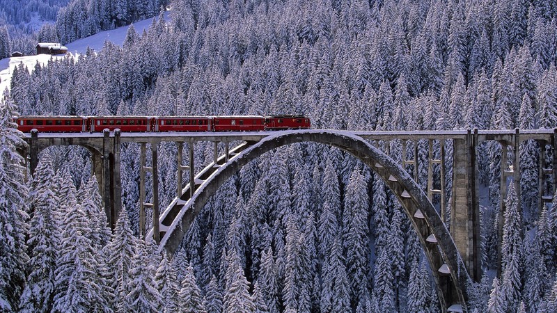 Arosa Express, landscape, bridge, house, snow, winter, Switzerland, Arosa, electric locomotives, locomotive