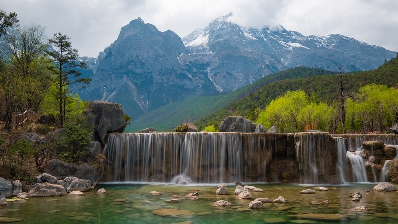 landscape, nature, mountains, trees, water, snow, snowy peak, rocks, Yunnan (China), China, Blue Moon Valley