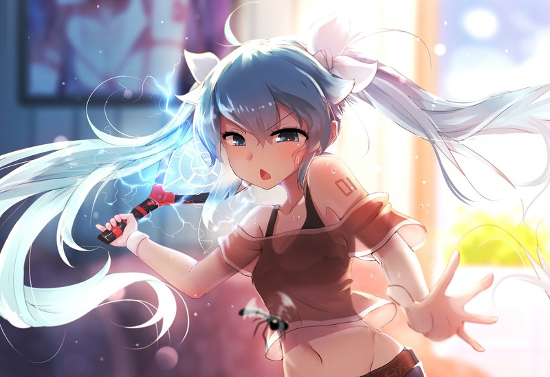 anime, twintails, blue hair, Hatsune Miku, blush, open mouth, looking at viewer, blue eyes, insect