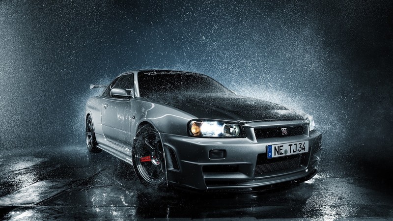 water drops, car, lights, vehicle, water, numbers, silver cars, Nissan, Nissan Skyline GT-R R34, Nissan Skyline R34, JDM