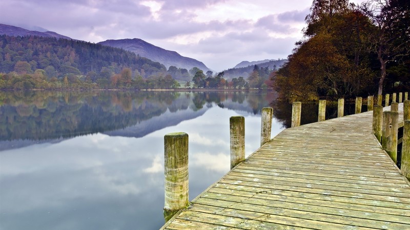lake, bridge, hills, forest, clouds, nature, reflection, landscape