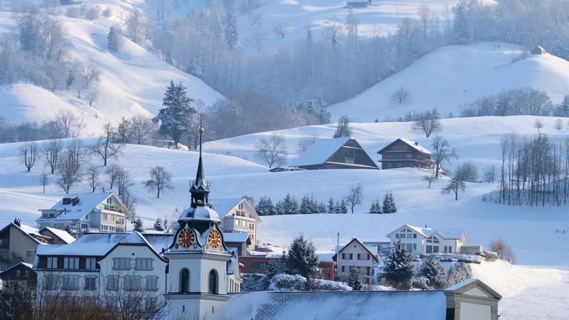 winter, snow, trees, building, nature, landscape