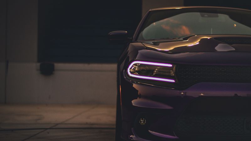 dodge charger, headlight, car, purple, light, 4k