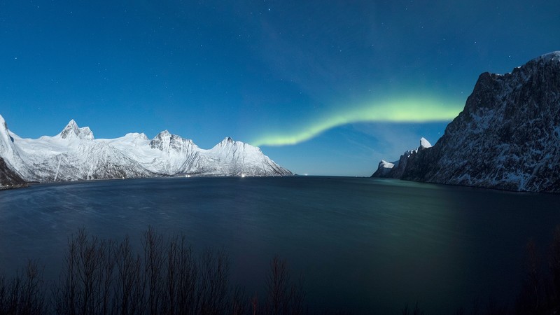 nature, landscape, winter, snow, mountains, aurorae, Norway, Senja, stars, lake, snowy peak