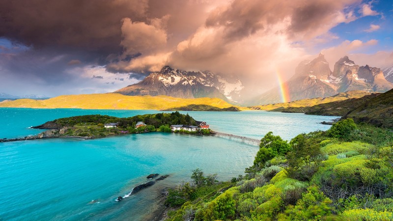 nature, landscape, clouds, mountains, Chile, forest, Lake Pehoé, house