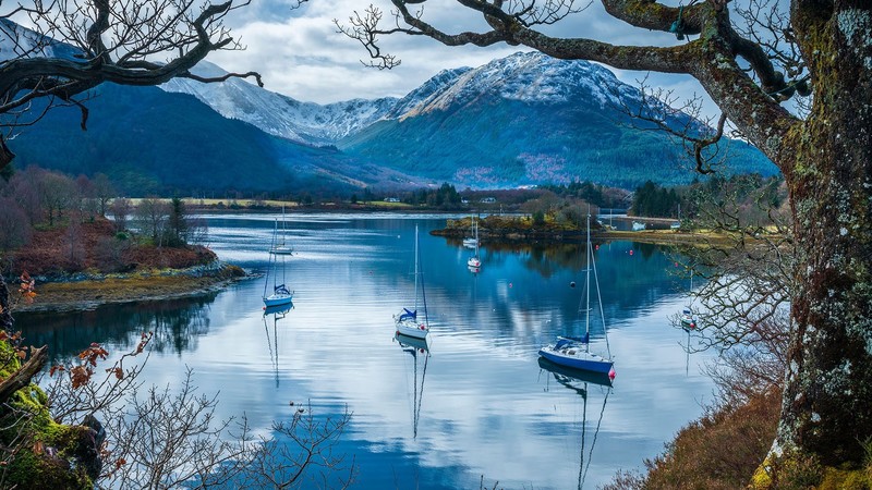 landscape, nature, sailboats, lake, mountains, reflection, Scotland, fall, snow, forest, house, UK, Loch Leven