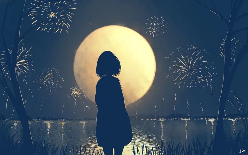 silhouette, moescape, Moon, fireworks, anime