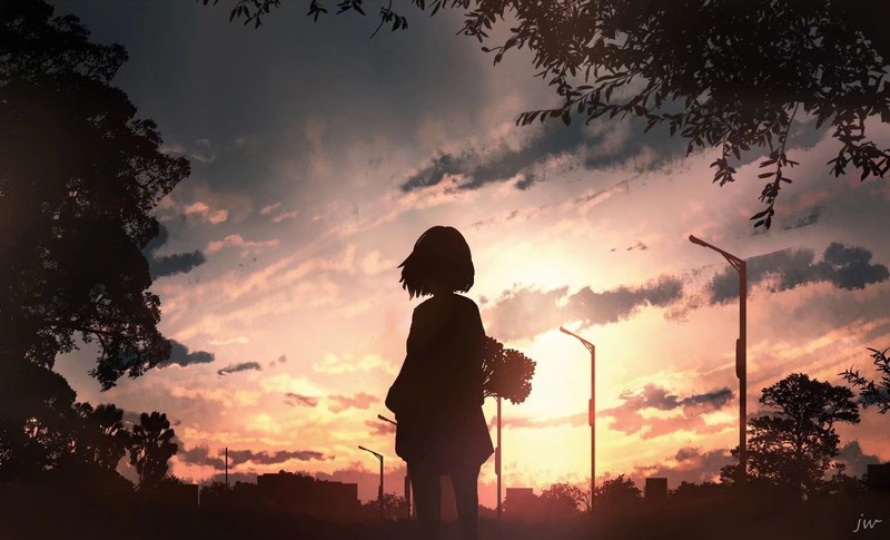 silhouette, moescape, sunset, anime
