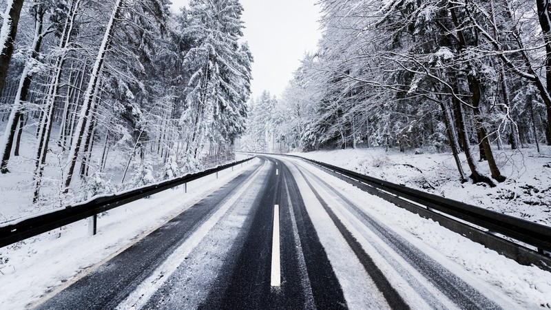 winter, snow, forest, trees, road