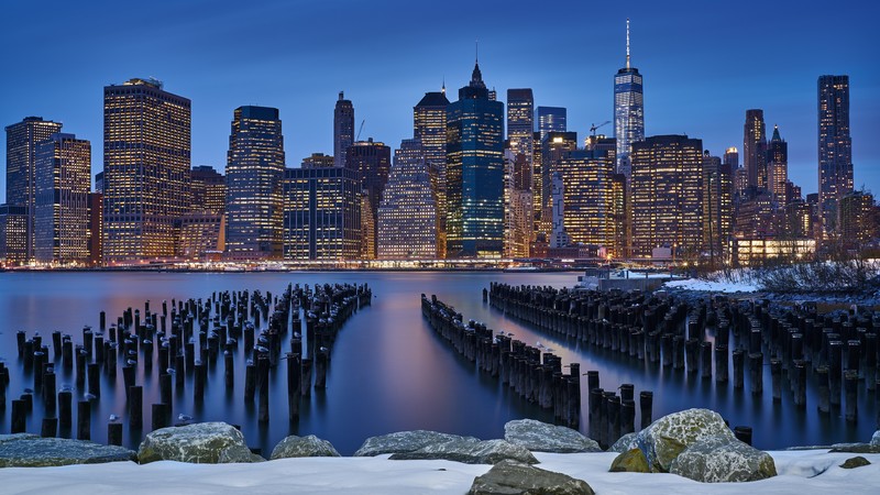city, skyscraper, water, night, lights, clear sky, New York City, winter