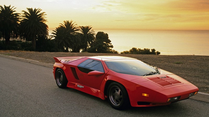 Vector W8, 80s cars, Vector Aeromotive, sunset, palm trees, supercars, red cars, car, vehicle, pop-up headlights, front angle view