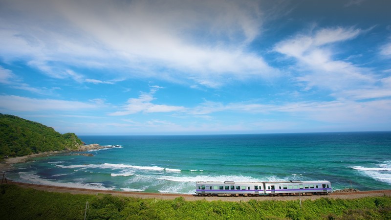 landscape, horizon, nature, Shimane Prefecture, clouds, train, railway, Japan
