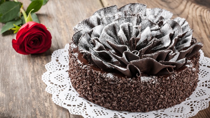 cake, chocolate, dessert, rose, wooden surface, sugar