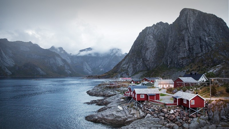 nature, landscape, water, Moskenesøya, Norway, clouds, mountains, river, house, rocks