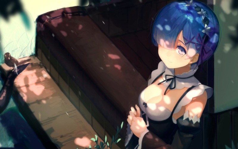 anime, anime girls, 2D, digital art, artwork, Re:Zero Kara Hajimeru Isekai Seikatsu, Rem (Re: Zero), blue eyes, cleavage, high angle