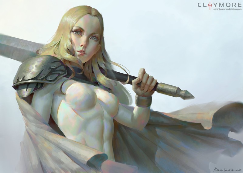 Claymore (anime), anime girls, women with swords, small boobs, no bra, long hair, 2D, Teresa (Claymore), blond hair, armor, fan art, abs, 6 packs, belly