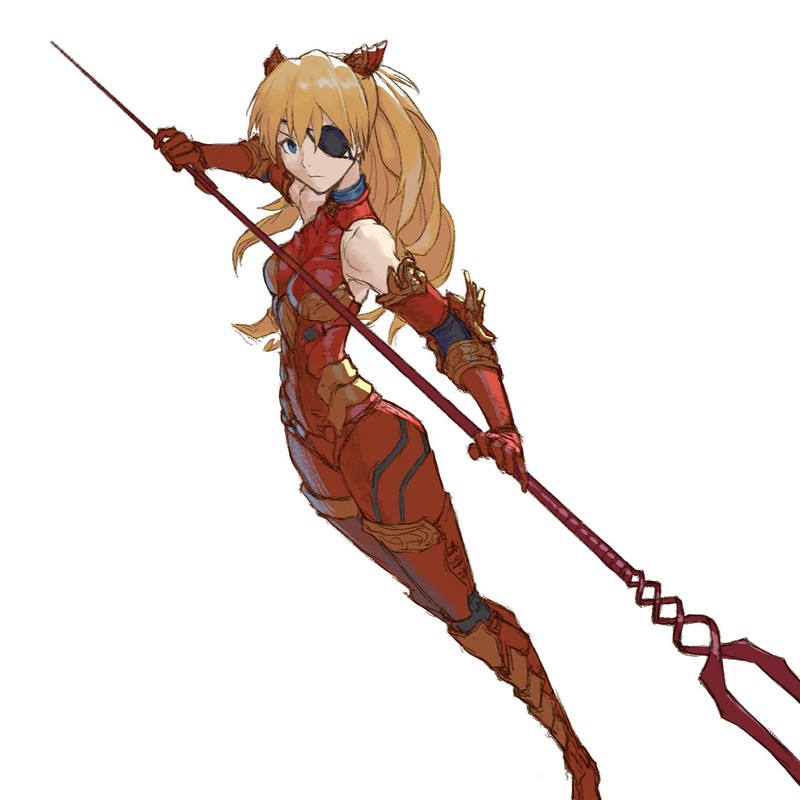 Neon Genesis Evangelion, anime girls, plugsuit, Spear of Longinus, small boobs, no bra, twintails, long hair, 2D, Asuka Langley Soryu, redhead, thighs, simple background, looking at viewer, fan art, blue eyes, belly, eye patch, alternate costume