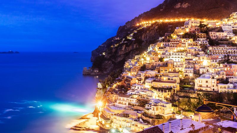 city, mountain, light, sea, twilight, evening, 4k