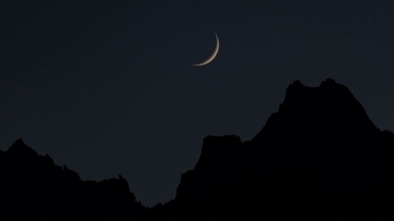 moon, mountains, night, sky, full moon, crescent, 4k