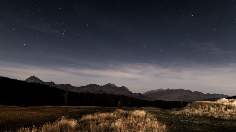 starry sky, night, stars, grass, mountains, 4k