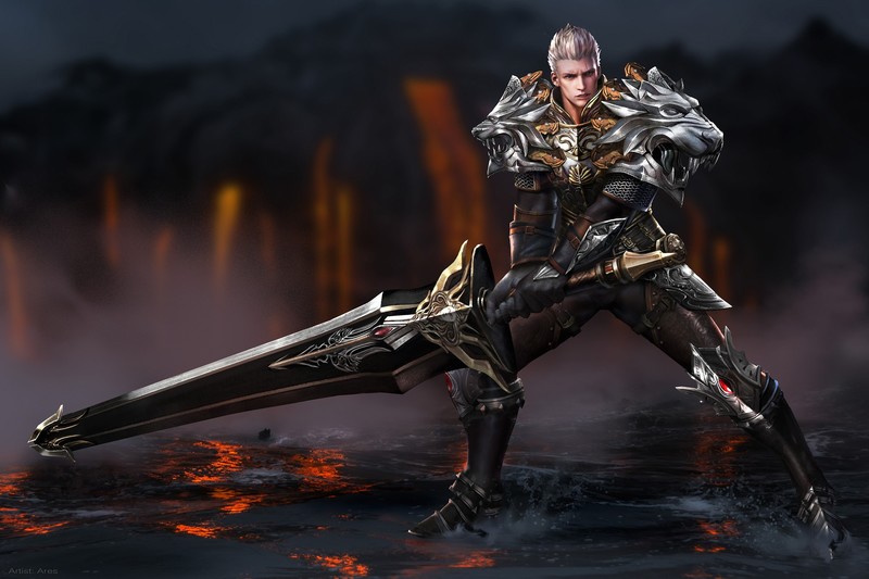 men, drawing, warrior, short hair, silver hair, armor, weapon, silver, steel, sword, dark, water, splashes