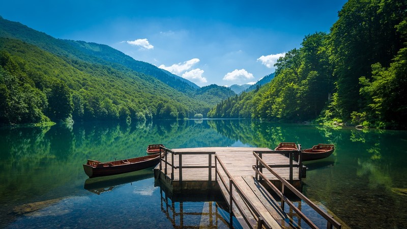 mountains, sky, clouds, nature, landscape, boat, reflection, trees, lake, Montenegro, Biogradsko lake