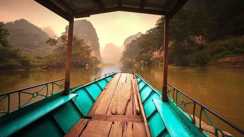 nature, landscape, mountains, river, water, Vietnam, boat, wood, trees, mist