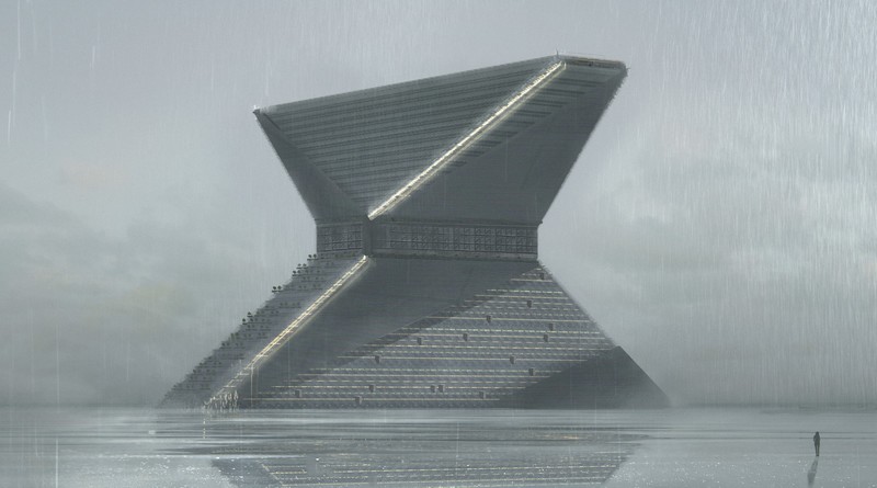 science fiction, rain, reflection, water, overcast, architecture, building, artwork