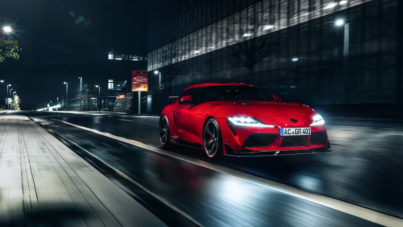 Toyota Supra, vehicle, car, night, street, motion blur, street light