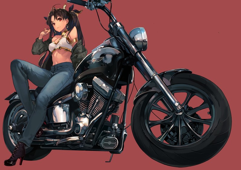 anime girls, digital art, artwork, 2D, portrait, Fate Series, FGO, Fate/Grand Order, Ishtar (Fate Grand Order), motorcycle, small boobs, fan art, red background, low-angle, oneko