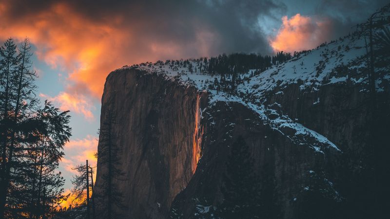mountain, cliff, sunset, clouds, snow, sky, 4k