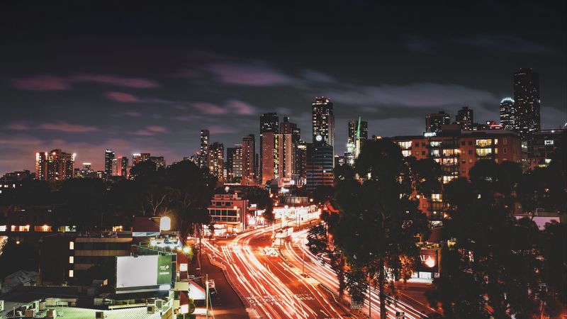 night city, long exposure, city lights, road, night, 4k