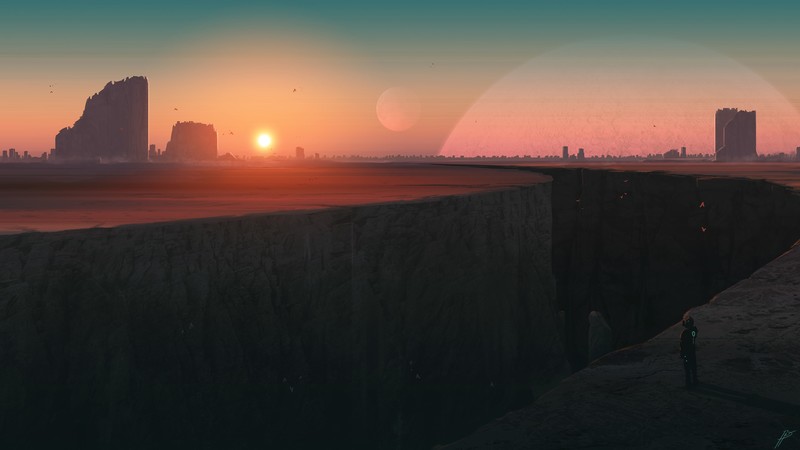 JoeyJazz, landscape, canyon, digital art, sky, Sun, futuristic, science fiction