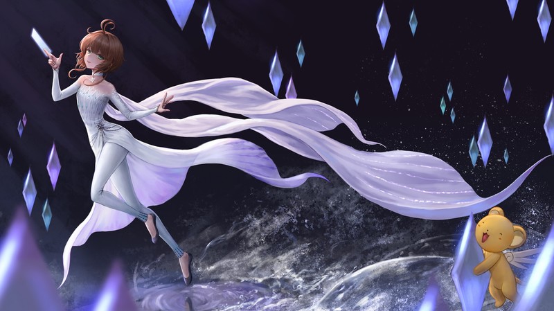 NaReunHAO, drawing, women, short hair, brunette, shoes, dress, floating, water, wind, cards, choker, green eyes, anime girls, anime