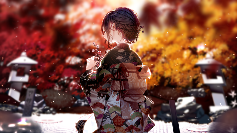 anime, anime girls, portrait, kimono, depth of field, thigh strap, 2D, digital art, artwork, brown eyes, long hair, flowers, red flowers, yellow flowers, pink flowers