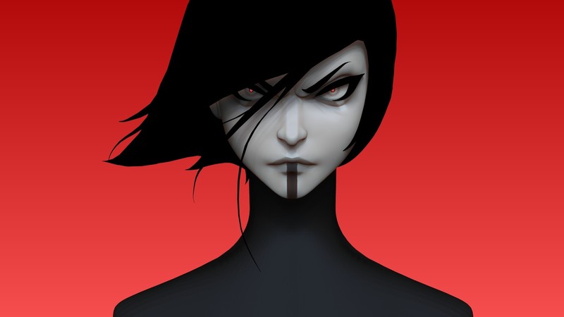 Dmytro Bajda, face, artwork, ArtStation, simple background, red background, dark hair, frontal view