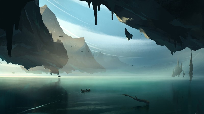 Ingram Schell, artwork, mountains, sea, birds, boat