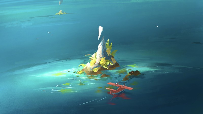 Ingram Schell, artwork, sea, planes, island, floating island, birds